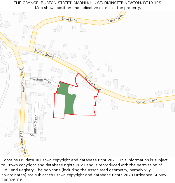THE GRANGE, BURTON STREET, MARNHULL, STURMINSTER NEWTON, DT10 1PS: Location map and indicative extent of plot