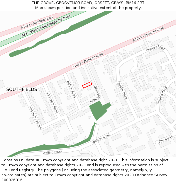 THE GROVE, GROSVENOR ROAD, ORSETT, GRAYS, RM16 3BT: Location map and indicative extent of plot