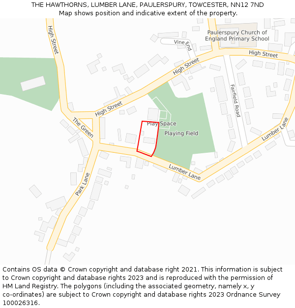 THE HAWTHORNS, LUMBER LANE, PAULERSPURY, TOWCESTER, NN12 7ND: Location map and indicative extent of plot