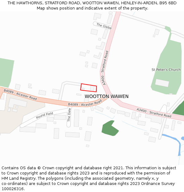 THE HAWTHORNS, STRATFORD ROAD, WOOTTON WAWEN, HENLEY-IN-ARDEN, B95 6BD: Location map and indicative extent of plot