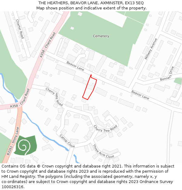 THE HEATHERS, BEAVOR LANE, AXMINSTER, EX13 5EQ: Location map and indicative extent of plot