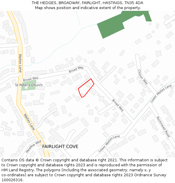THE HEDGES, BROADWAY, FAIRLIGHT, HASTINGS, TN35 4DA: Location map and indicative extent of plot