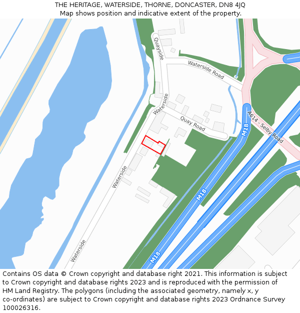 THE HERITAGE, WATERSIDE, THORNE, DONCASTER, DN8 4JQ: Location map and indicative extent of plot