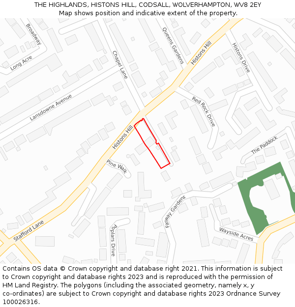THE HIGHLANDS, HISTONS HILL, CODSALL, WOLVERHAMPTON, WV8 2EY: Location map and indicative extent of plot