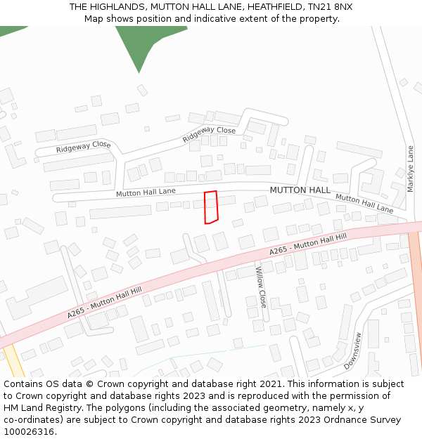 THE HIGHLANDS, MUTTON HALL LANE, HEATHFIELD, TN21 8NX: Location map and indicative extent of plot