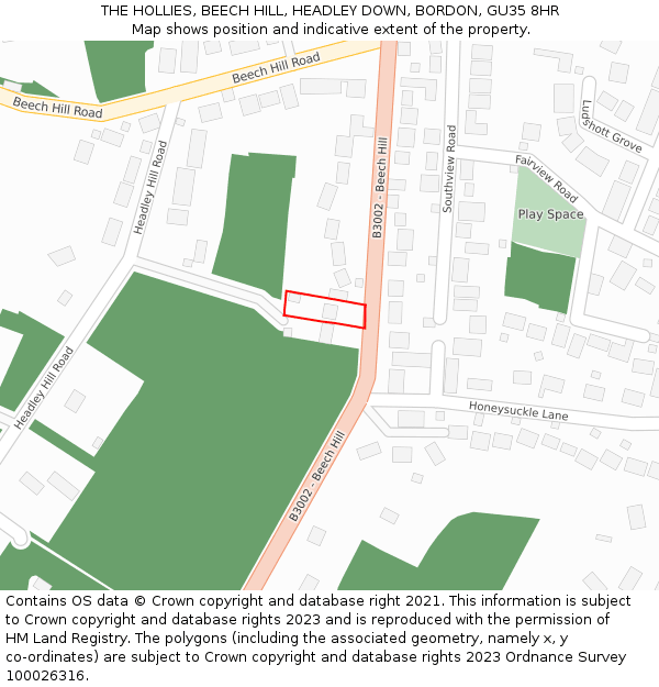 THE HOLLIES, BEECH HILL, HEADLEY DOWN, BORDON, GU35 8HR: Location map and indicative extent of plot