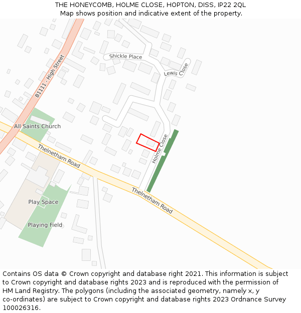 THE HONEYCOMB, HOLME CLOSE, HOPTON, DISS, IP22 2QL: Location map and indicative extent of plot