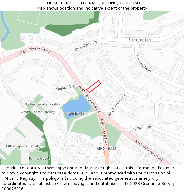 THE KEEP, KINGFIELD ROAD, WOKING, GU22 9AB: Location map and indicative extent of plot