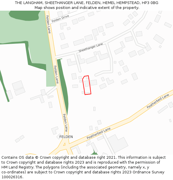 THE LANGHAM, SHEETHANGER LANE, FELDEN, HEMEL HEMPSTEAD, HP3 0BG: Location map and indicative extent of plot