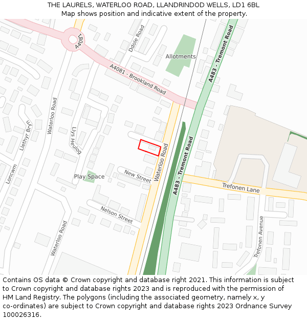 THE LAURELS, WATERLOO ROAD, LLANDRINDOD WELLS, LD1 6BL: Location map and indicative extent of plot