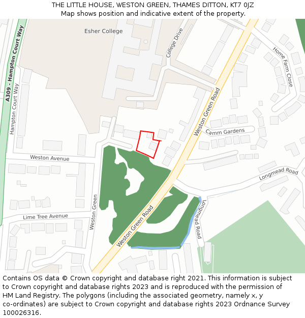 THE LITTLE HOUSE, WESTON GREEN, THAMES DITTON, KT7 0JZ: Location map and indicative extent of plot