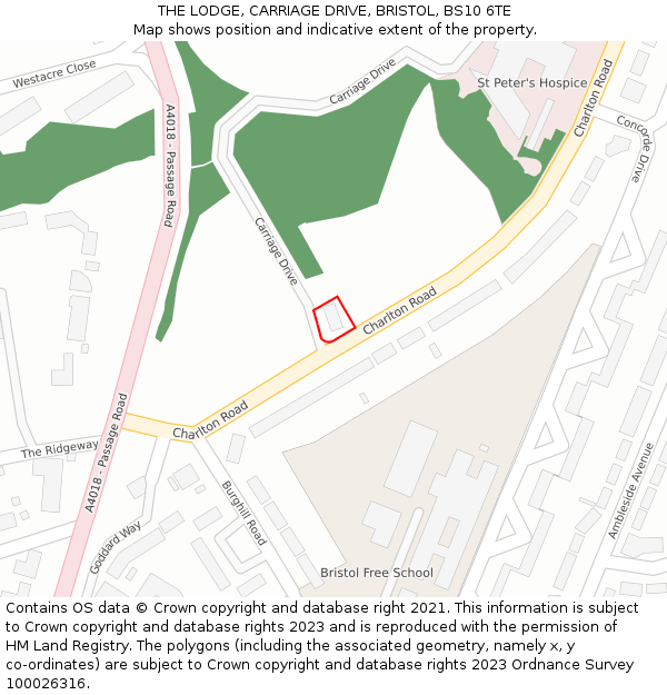 THE LODGE, CARRIAGE DRIVE, BRISTOL, BS10 6TE: Location map and indicative extent of plot