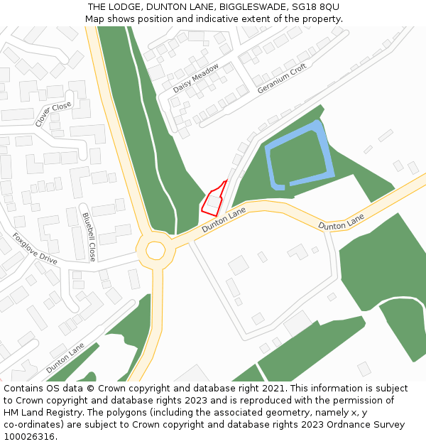 THE LODGE, DUNTON LANE, BIGGLESWADE, SG18 8QU: Location map and indicative extent of plot