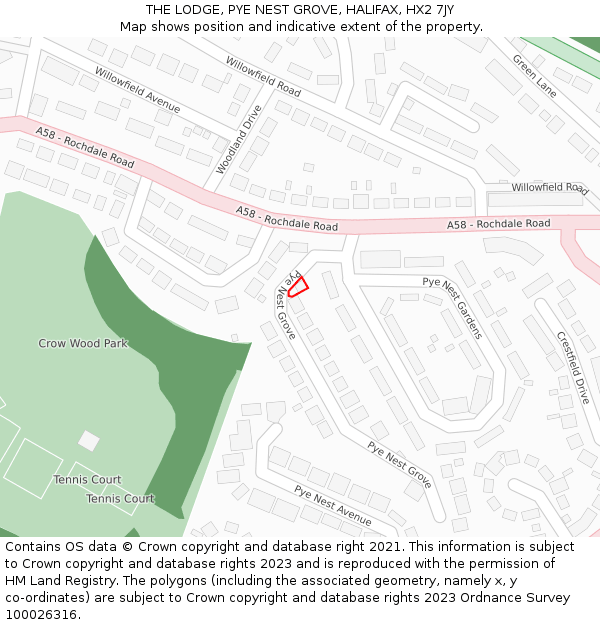 THE LODGE, PYE NEST GROVE, HALIFAX, HX2 7JY: Location map and indicative extent of plot