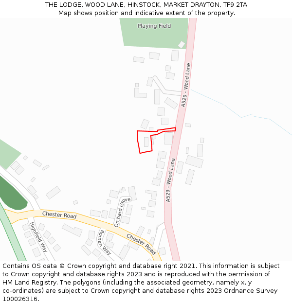 THE LODGE, WOOD LANE, HINSTOCK, MARKET DRAYTON, TF9 2TA: Location map and indicative extent of plot