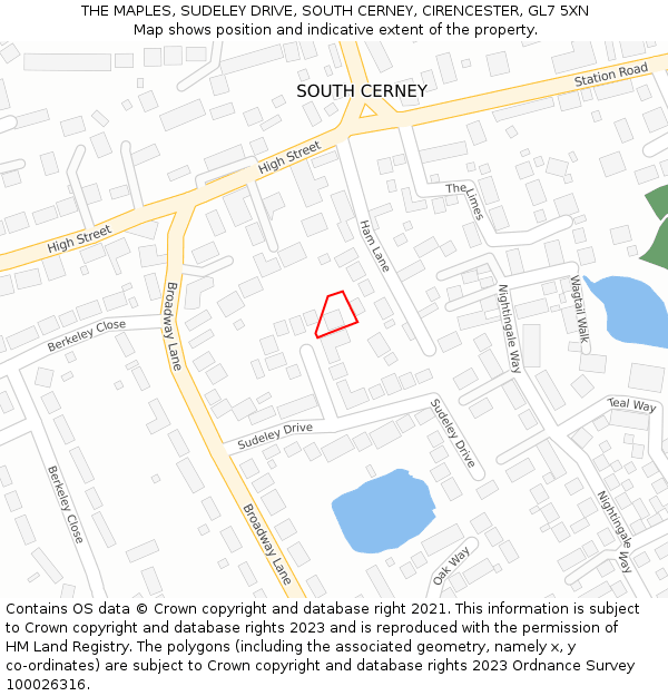 THE MAPLES, SUDELEY DRIVE, SOUTH CERNEY, CIRENCESTER, GL7 5XN: Location map and indicative extent of plot