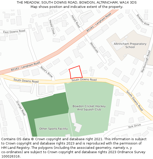 THE MEADOW, SOUTH DOWNS ROAD, BOWDON, ALTRINCHAM, WA14 3DS: Location map and indicative extent of plot