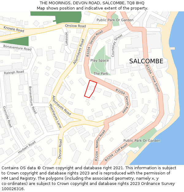 THE MOORINGS, DEVON ROAD, SALCOMBE, TQ8 8HQ: Location map and indicative extent of plot