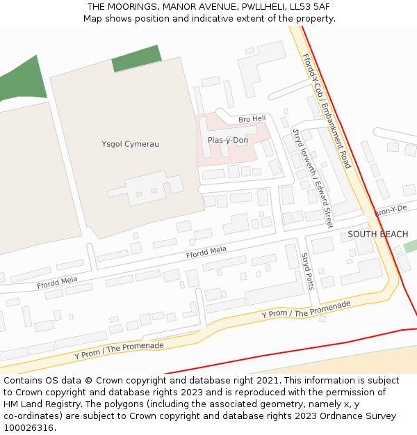 THE MOORINGS, MANOR AVENUE, PWLLHELI, LL53 5AF: Location map and indicative extent of plot