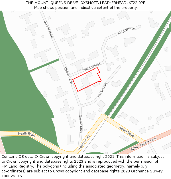 THE MOUNT, QUEENS DRIVE, OXSHOTT, LEATHERHEAD, KT22 0PF: Location map and indicative extent of plot