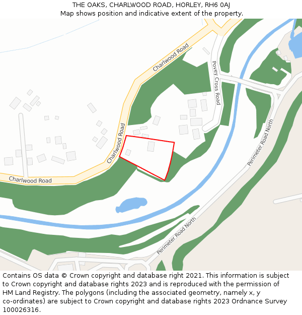 THE OAKS, CHARLWOOD ROAD, HORLEY, RH6 0AJ: Location map and indicative extent of plot