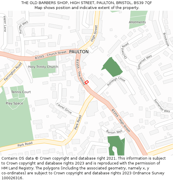 THE OLD BARBERS SHOP, HIGH STREET, PAULTON, BRISTOL, BS39 7QF: Location map and indicative extent of plot