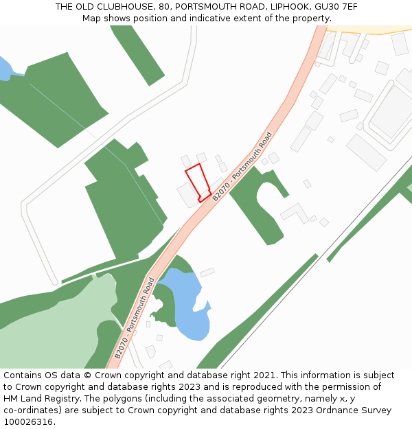 THE OLD CLUBHOUSE, 80, PORTSMOUTH ROAD, LIPHOOK, GU30 7EF: Location map and indicative extent of plot