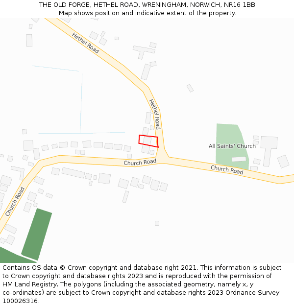 THE OLD FORGE, HETHEL ROAD, WRENINGHAM, NORWICH, NR16 1BB: Location map and indicative extent of plot