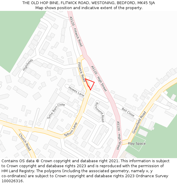 THE OLD HOP BINE, FLITWICK ROAD, WESTONING, BEDFORD, MK45 5JA: Location map and indicative extent of plot