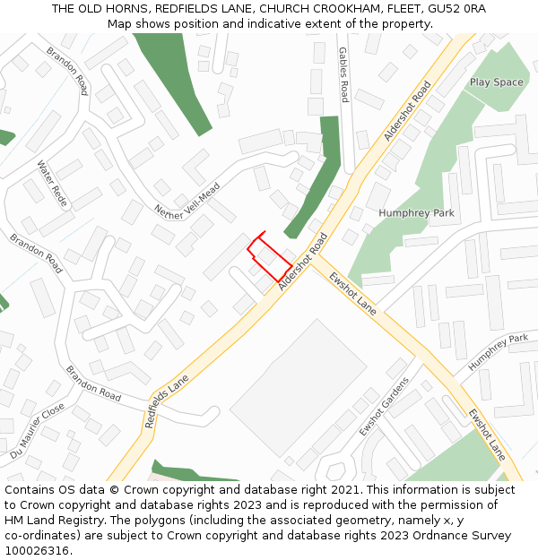 THE OLD HORNS, REDFIELDS LANE, CHURCH CROOKHAM, FLEET, GU52 0RA: Location map and indicative extent of plot