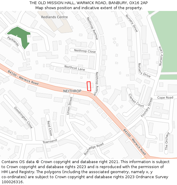 THE OLD MISSION HALL, WARWICK ROAD, BANBURY, OX16 2AP: Location map and indicative extent of plot
