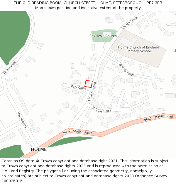 THE OLD READING ROOM, CHURCH STREET, HOLME, PETERBOROUGH, PE7 3PB: Location map and indicative extent of plot