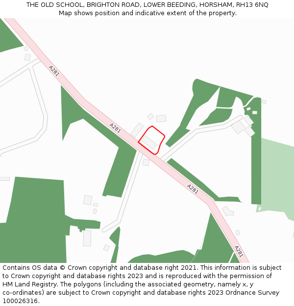 THE OLD SCHOOL, BRIGHTON ROAD, LOWER BEEDING, HORSHAM, RH13 6NQ: Location map and indicative extent of plot