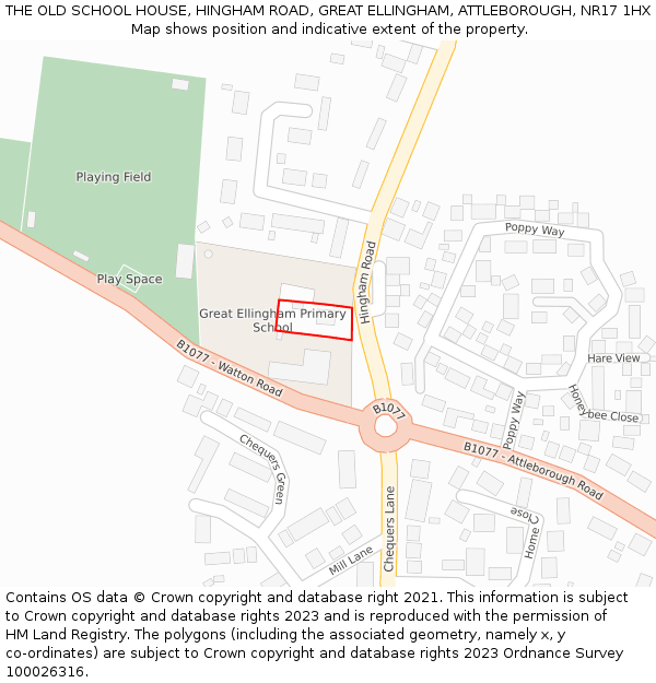 THE OLD SCHOOL HOUSE, HINGHAM ROAD, GREAT ELLINGHAM, ATTLEBOROUGH, NR17 1HX: Location map and indicative extent of plot