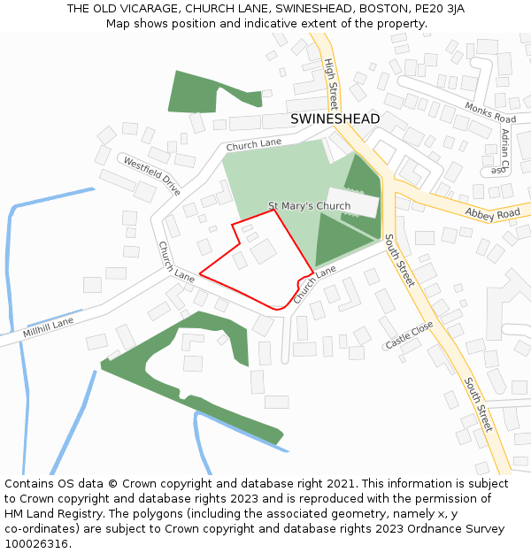 THE OLD VICARAGE, CHURCH LANE, SWINESHEAD, BOSTON, PE20 3JA: Location map and indicative extent of plot