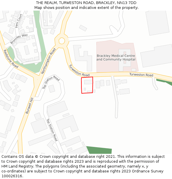 THE REALM, TURWESTON ROAD, BRACKLEY, NN13 7DD: Location map and indicative extent of plot