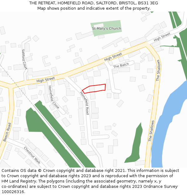 THE RETREAT, HOMEFIELD ROAD, SALTFORD, BRISTOL, BS31 3EG: Location map and indicative extent of plot