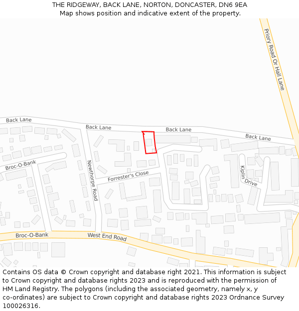 THE RIDGEWAY, BACK LANE, NORTON, DONCASTER, DN6 9EA: Location map and indicative extent of plot