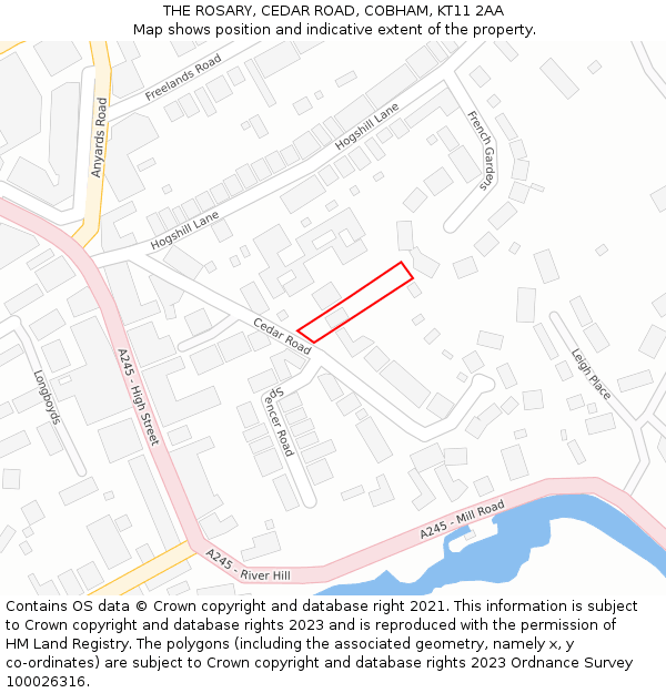 THE ROSARY, CEDAR ROAD, COBHAM, KT11 2AA: Location map and indicative extent of plot