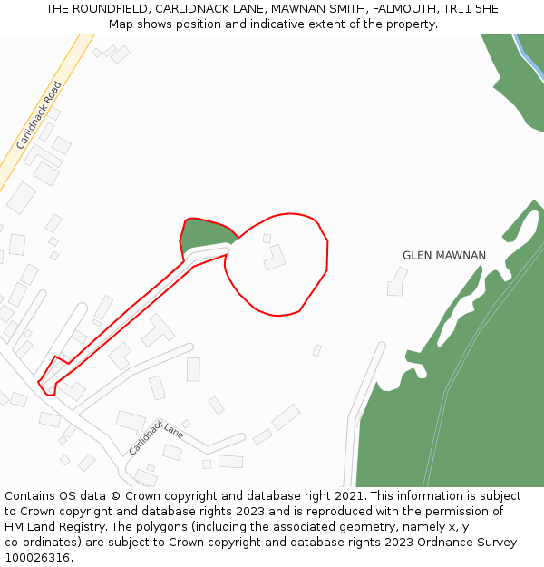 THE ROUNDFIELD, CARLIDNACK LANE, MAWNAN SMITH, FALMOUTH, TR11 5HE: Location map and indicative extent of plot