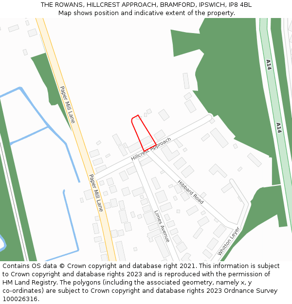 THE ROWANS, HILLCREST APPROACH, BRAMFORD, IPSWICH, IP8 4BL: Location map and indicative extent of plot