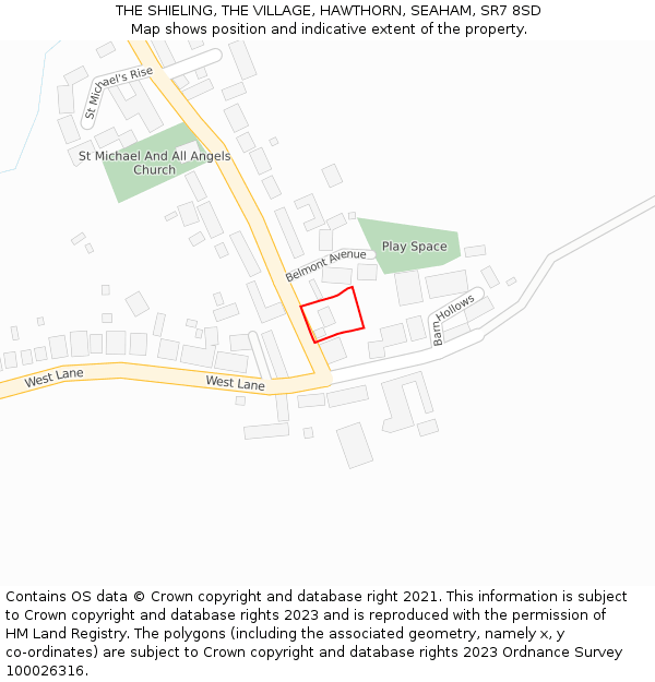 THE SHIELING, THE VILLAGE, HAWTHORN, SEAHAM, SR7 8SD: Location map and indicative extent of plot