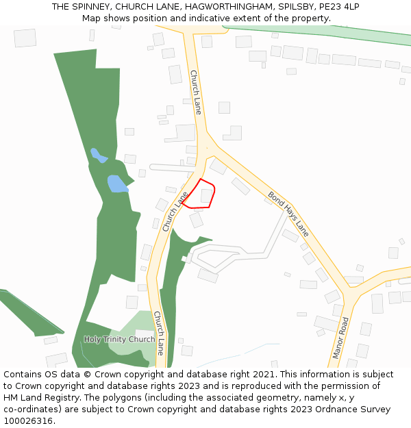 THE SPINNEY, CHURCH LANE, HAGWORTHINGHAM, SPILSBY, PE23 4LP: Location map and indicative extent of plot