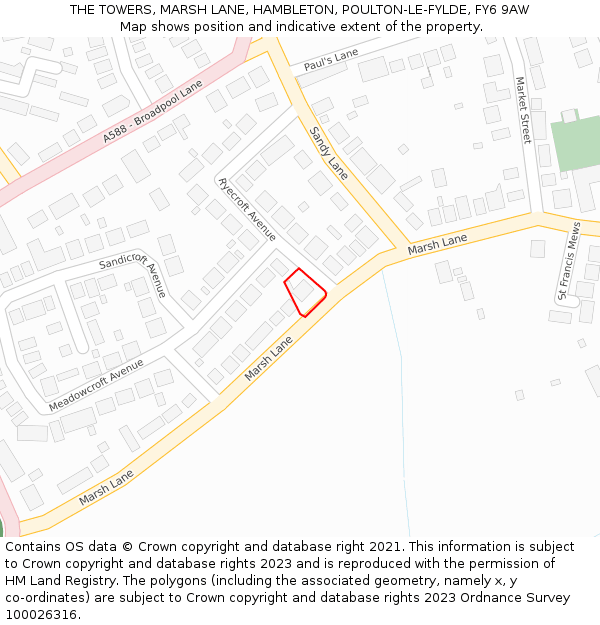 THE TOWERS, MARSH LANE, HAMBLETON, POULTON-LE-FYLDE, FY6 9AW: Location map and indicative extent of plot