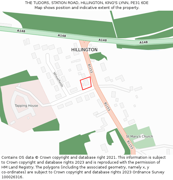 THE TUDORS, STATION ROAD, HILLINGTON, KING'S LYNN, PE31 6DE: Location map and indicative extent of plot