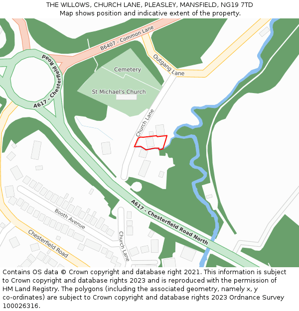 THE WILLOWS, CHURCH LANE, PLEASLEY, MANSFIELD, NG19 7TD: Location map and indicative extent of plot