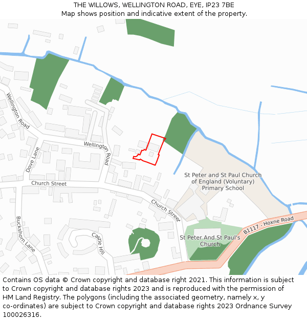 THE WILLOWS, WELLINGTON ROAD, EYE, IP23 7BE: Location map and indicative extent of plot