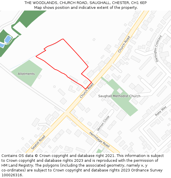THE WOODLANDS, CHURCH ROAD, SAUGHALL, CHESTER, CH1 6EP: Location map and indicative extent of plot