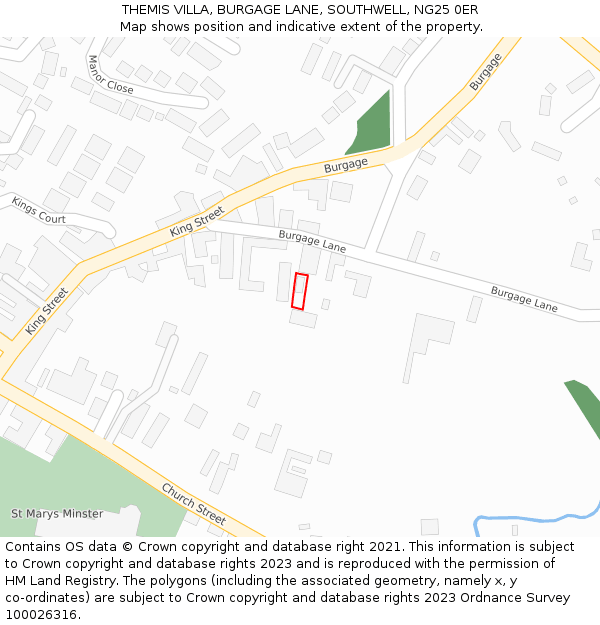 THEMIS VILLA, BURGAGE LANE, SOUTHWELL, NG25 0ER: Location map and indicative extent of plot
