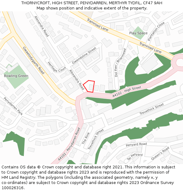THORNYCROFT, HIGH STREET, PENYDARREN, MERTHYR TYDFIL, CF47 9AH: Location map and indicative extent of plot